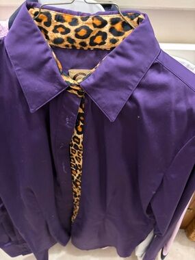 Purple Button-Front Shirt with Leopard Trim Accents